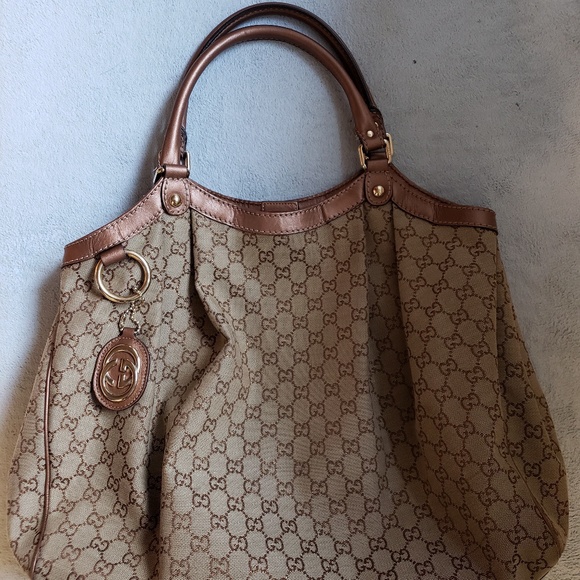 Gucci Sukey Large Brown Gold Leather Trim Tote - Picture 1 of 5